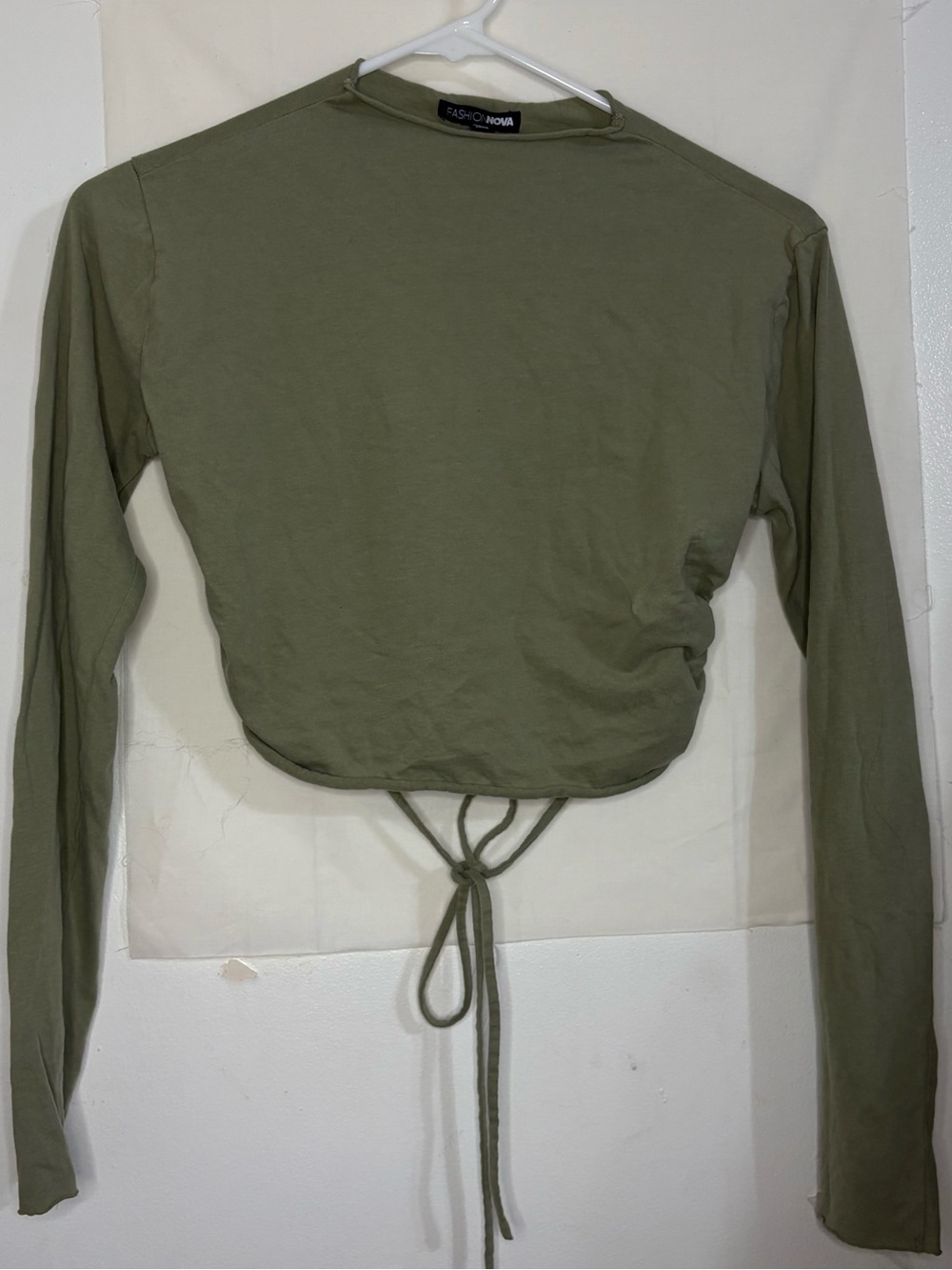 Fashion Nova Olive Drawstring Long Sleeve Crop Top Open in the Back